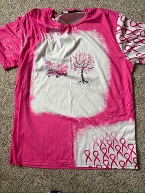 Womens Pink Short Sleeve Tee with Ribbon Tree & Truck Graphic